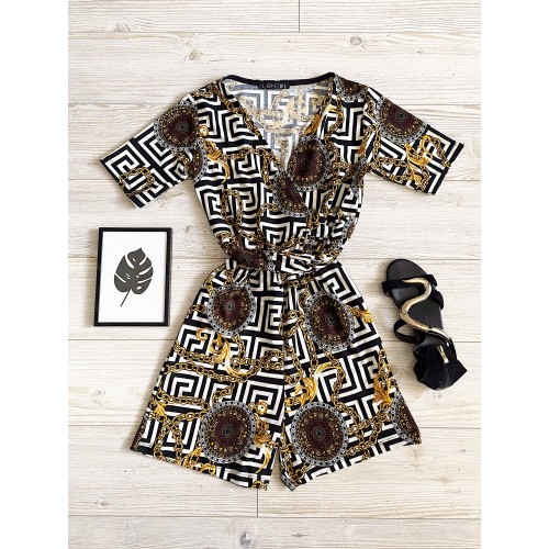 Salopeta dama casual scurta neagra cu imprimeu zig-zag