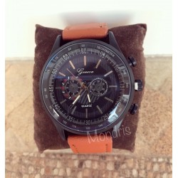 Ceas barbati casual maro deschis cu cadran negru si curea din piele ECO