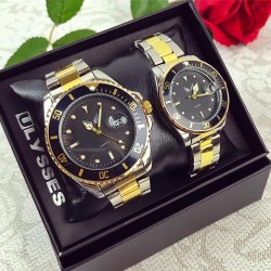 OFERTA SOC! Doar 119 RON Set 2 ceasuri el si ea din metal argintiu si auriu cu cadran negru + CUTIE CADOU