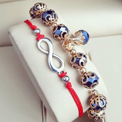 Set 2 Bratari Elegante infinit cu snur rosu si margele bleumarin cu detalii aurii