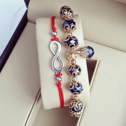 Set 2 Bratari Elegante infinit cu snur rosu si margele bleumarin cu detalii aurii