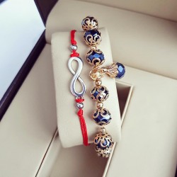 Set 2 Bratari Elegante infinit cu snur rosu si margele bleumarin cu detalii aurii
