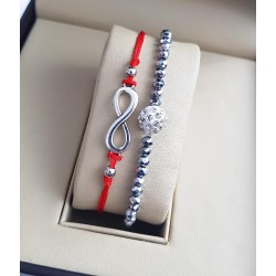 Set 2 Bratari Elegante infinit cu snur rosu si margele gri cu biluta alba