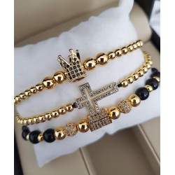Set 3 bratari unisex modele deosebite cu margele aurii si negre si forme cu pietricele stralucitoare