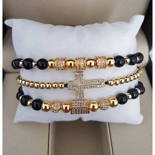 Set 3 bratari unisex modele deosebite cu margele negre si forme cu pietricele stralucitoare
