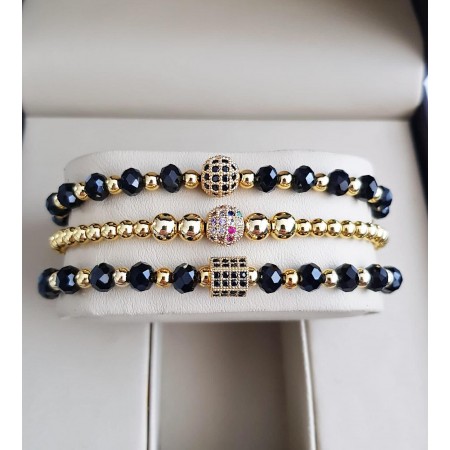 Set 3 bratari unisex modele deosebite cu margele aurii si negre si forme cu pietricele negre