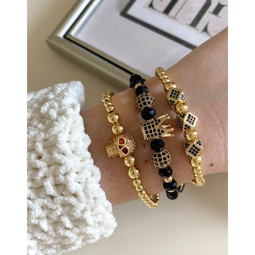 Set 3 bratari unisex modele deosebite cu margele aurii si forme cu pietricele negre