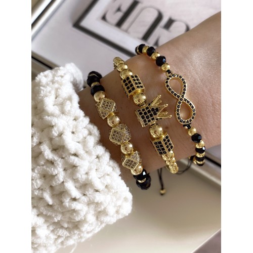 Set 3 bratari unisex modele deosebite cu margele aurii si forme cu pietricele negre