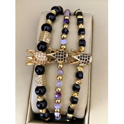 Set 3 bratari unisex modele deosebite cu margele argintii si forme cu pietricele negre