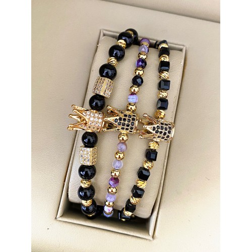 Set 3 bratari unisex modele deosebite cu margele argintii si forme cu pietricele negre