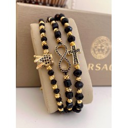 Set 3 bratari unisex modele deosebite cu margele argintii si forme cu pietricele negre