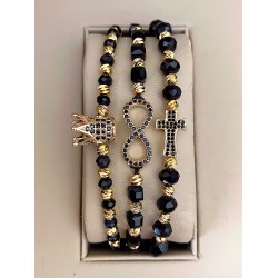 Set 3 bratari unisex modele deosebite cu margele argintii si forme cu pietricele negre