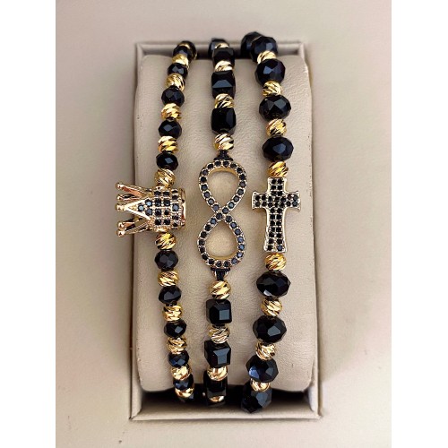 Set 3 bratari unisex modele deosebite cu margele argintii si forme cu pietricele negre