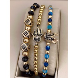 Set 3 bratari unisex modele deosebite cu margele argintii si forme cu pietricele negre