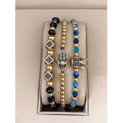 Set 3 bratari unisex modele deosebite cu margele argintii si forme cu pietricele negre