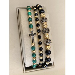 Set 3 bratari unisex modele deosebite cu margele aurii si forme cu pietricele negre