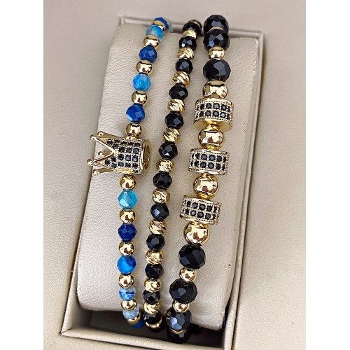Set 3 bratari unisex modele deosebite cu margele aurii si forme cu pietricele negre