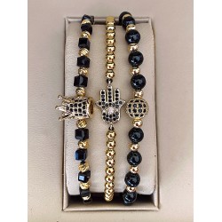 Set 3 bratari unisex modele deosebite cu margele aurii si forme cu pietricele negre