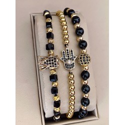 Set 3 bratari unisex modele deosebite cu margele aurii si forme cu pietricele negre