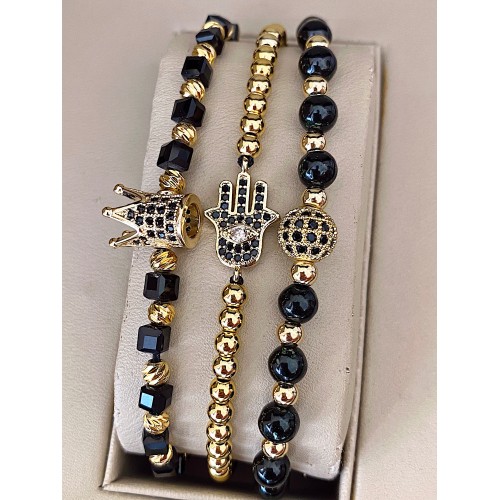 Set 3 bratari unisex modele deosebite cu margele aurii si forme cu pietricele negre