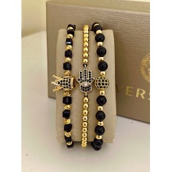 Set 3 bratari unisex modele deosebite cu margele aurii si forme cu pietricele negre