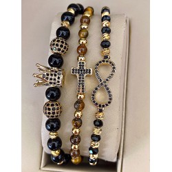 Set 3 bratari unisex modele deosebite cu margele aurii si forme cu pietricele negre