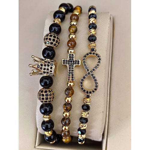 Set 3 bratari unisex modele deosebite cu margele aurii si forme cu pietricele negre