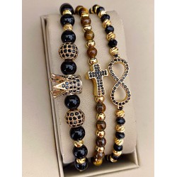 Set 3 bratari unisex modele deosebite cu margele aurii si forme cu pietricele negre