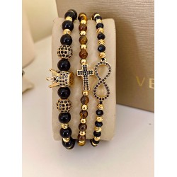 Set 3 bratari unisex modele deosebite cu margele aurii si forme cu pietricele negre
