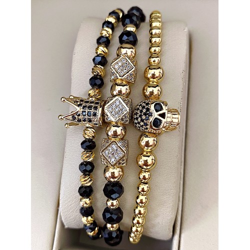 Set 3 bratari unisex modele deosebite cu margele argintii si forme cu pietricele negre