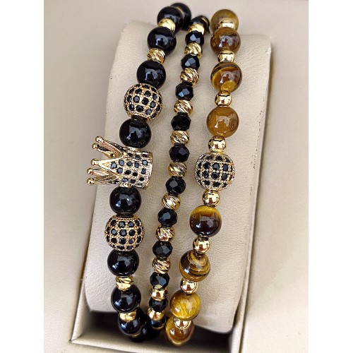 Set 3 bratari unisex modele deosebite cu margele argintii si forme cu pietricele negre