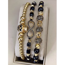 Set 3 bratari unisex modele deosebite cu margele argintii si forme cu pietricele negre