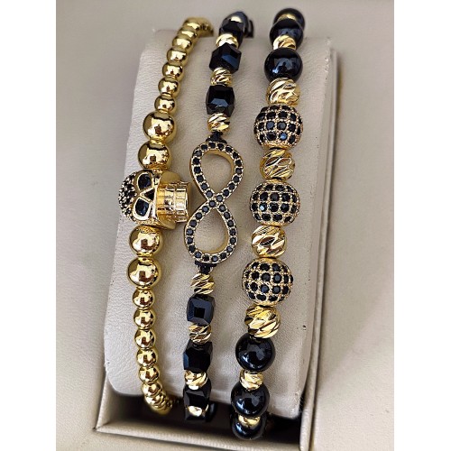 Set 3 bratari unisex modele deosebite cu margele argintii si forme cu pietricele negre