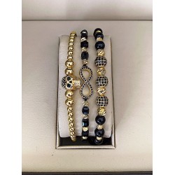 Set 3 bratari unisex modele deosebite cu margele argintii si forme cu pietricele negre