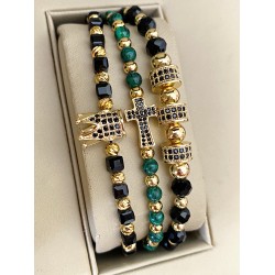 Set 3 bratari unisex modele deosebite cu margele perlate si forme cu pietricele negre