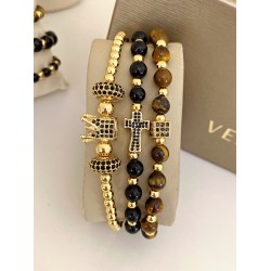 Set 3 bratari unisex modele deosebite cu margele perlate si forme cu pietricele negre