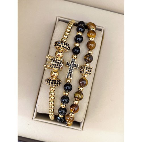 Set 3 bratari unisex modele deosebite cu margele perlate si forme cu pietricele negre