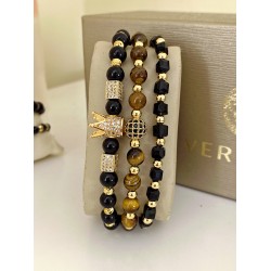Set 3 bratari unisex modele deosebite cu margele perlate si forme cu pietricele negre