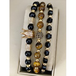 Set 3 bratari unisex modele deosebite cu margele perlate si forme cu pietricele negre