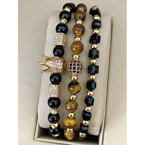 Set 3 bratari unisex modele deosebite cu margele perlate si forme cu pietricele negre