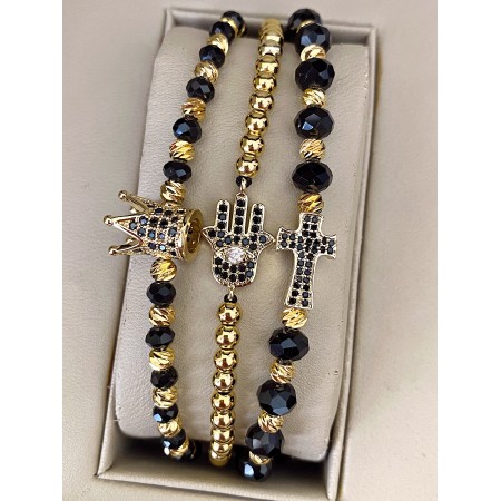 Set 3 bratari unisex modele deosebite cu margele perlate si forme cu pietricele negre