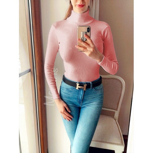 Pulover dama ieftin gros din tetra roz pudrat reiat cu guler inalt