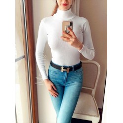Pulover dama ieftin gros din tetra alb reiat cu guler inalt