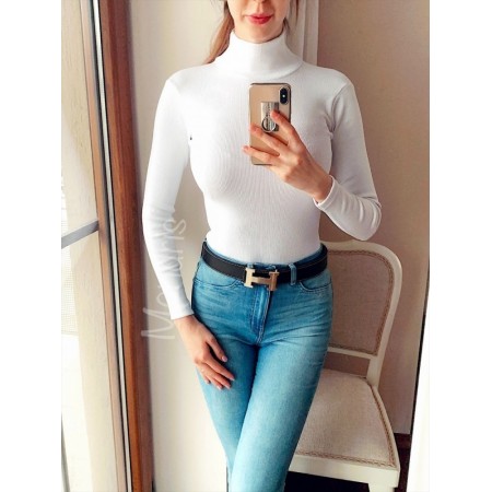 Pulover dama ieftin gros din tetra alb reiat cu guler inalt