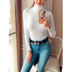 Pulover dama ieftin gros din tetra alb reiat cu guler inalt