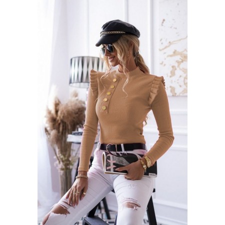 Bluza dama basic bej reiata cu nasturi metalici dreapta si volanase