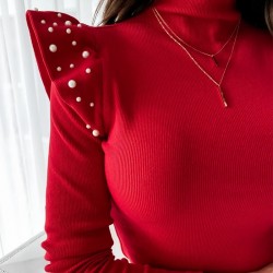 Bluza dama basic rosie cu volanase mici si perle