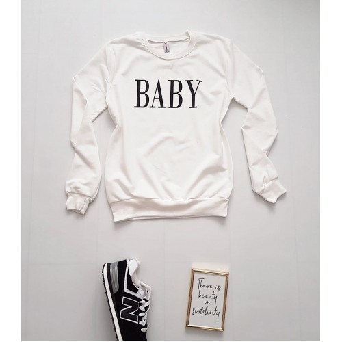 Bluza dama ieftina alba cu maneci lungi si imprimeu Baby