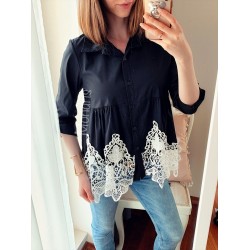 Camasa dama casual eleganta neagra cu broderie alba, nasturi si maneca lunga