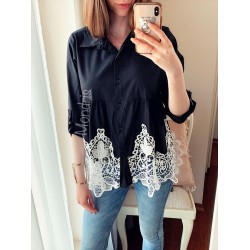 Camasa dama casual eleganta neagra cu broderie alba, nasturi si maneca lunga